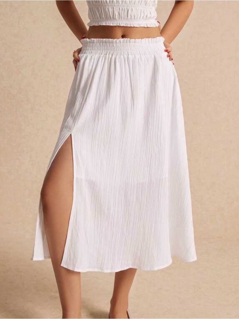 Women's White Midi Split Skirt - Elastic Waist